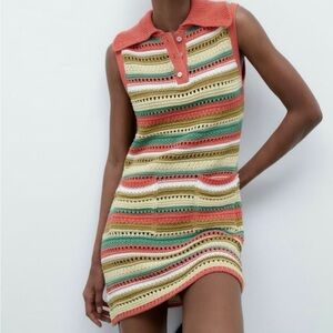 ZARA Crochet Striped Multicolor Sleeveless Collared Mini Dress Size Medium
